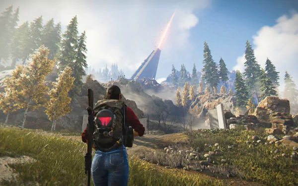 An HD desktop wallpaper from the video game Once Human, depicting a character with a backpack and rifle, standing in a post-apocalyptic landscape with a mysterious structure in the distance.