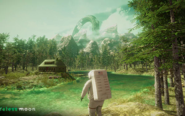 HD wallpaper of the video game Lifeless Moon depicting a tranquil forest scene with an astronaut near a river and a cabin, and a mysterious mountain structure in the background.
