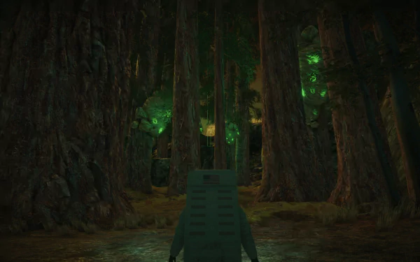 HD wallpaper and background from the video game Lifeless Moon, depicting a mysterious forest scene with tall trees and glowing green lights.