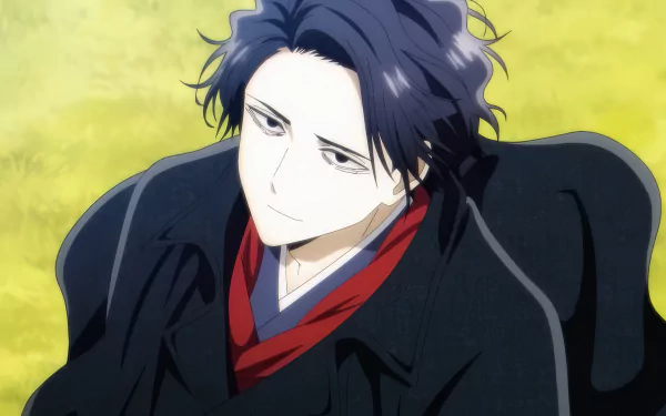 A HD desktop wallpaper featuring Osamu Dazai from the anime No Longer Allowed in Another World, with the character looking pensively upwards against a light yellow background.