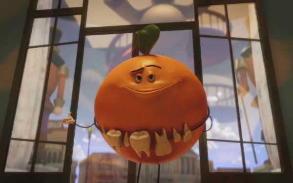HD desktop wallpaper featuring a character from the TV show Sausage Party: Foodtopia. The character is an anthropomorphic orange, smiling in front of large windows with a dreamy background.