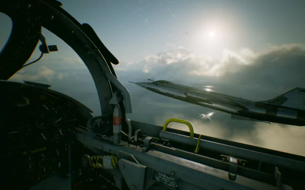 A HD desktop wallpaper from Ace Combat 7: Skies Unknown, showcasing a stunning aerial view with a fighter jet in flight, observed from another plane's cockpit, under a sunlit sky with scattered clouds.