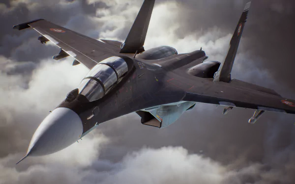 A high-definition desktop wallpaper featuring a fighter jet from the video game Ace Combat 7: Skies Unknown soaring through a cloudy sky.