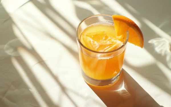 A high-definition desktop wallpaper featuring a glass of juice with ice cubes and a slice of orange, casting shadows on a sunlit surface.