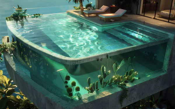 A luxurious infinity pool with crystal-clear water and surrounding lush greenery, featured in a high-definition wallpaper background.