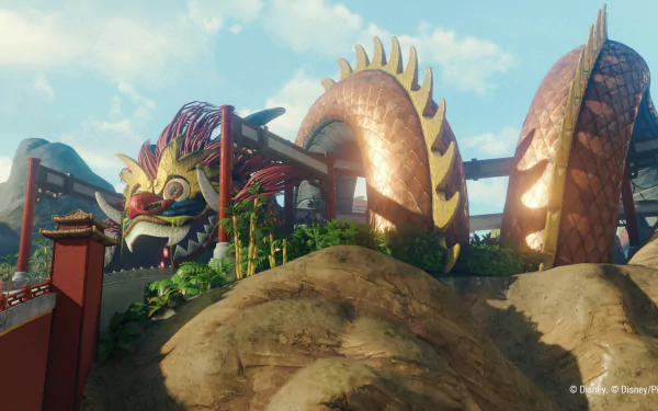 HD desktop wallpaper of Disney Speedstorm video game, featuring a detailed, giant golden dragon structure in an outdoor setting against a blue sky.