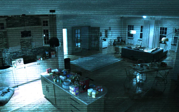A dimly lit, eerie living room and kitchen area from the video game Supernatural (2024), depicted through a grainy, blue-tinted surveillance view. This HD desktop wallpaper and background evokes a sense of suspense.