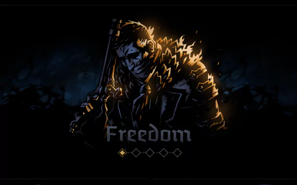 A HD desktop wallpaper and background featuring a character from Darkest Dungeon II with the word Freedom and a dark, ominous backdrop.