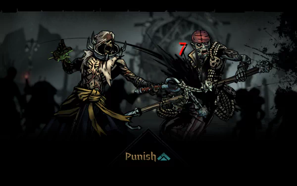 HD desktop wallpaper and background featuring a battle scene from the video game Darkest Dungeon II, showcasing two characters engaged in a dark, ominous fight with the word Punish displayed below.