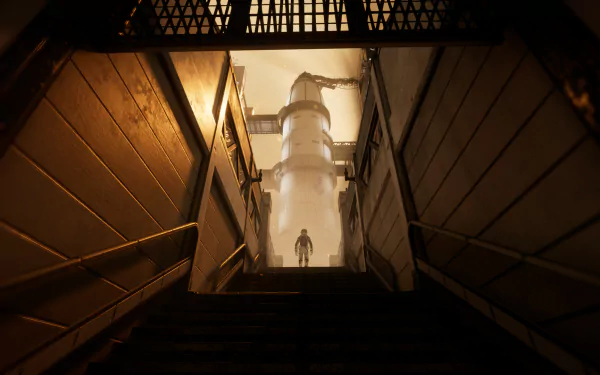 HD desktop wallpaper of Deliver Us The Moon video game, featuring a lone figure standing in a dimly lit, industrial-looking corridor with a large cylindrical structure in the background.