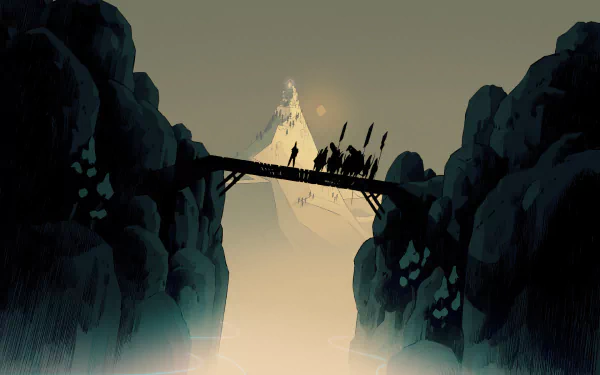 HD desktop wallpaper of the video game Cataclismo featuring a dramatic scene of a character leading a group across a bridge with a distant mountain in the background.