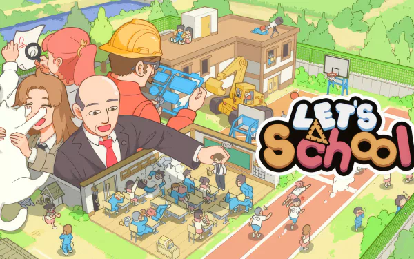 HD desktop wallpaper featuring an illustration from the video game Let's School, depicting various characters and school activities with classrooms, playgrounds, and school buildings in a vibrant, animated style.