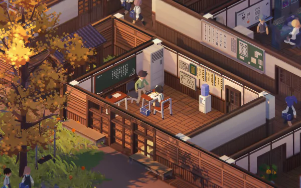 HD desktop wallpaper for the video game Let's School, featuring an intricately detailed classroom scene with a teacher and students.