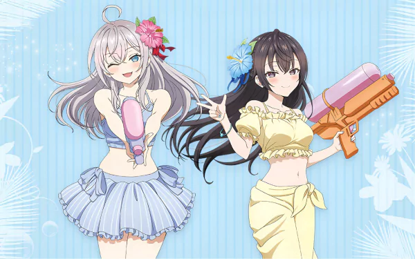 Anime HD desktop wallpaper featuring Alisa Mikhailovna Kujou and Yuki Suou from Alya Sometimes Hides Her Feelings, set against a soft blue background with floral accents.