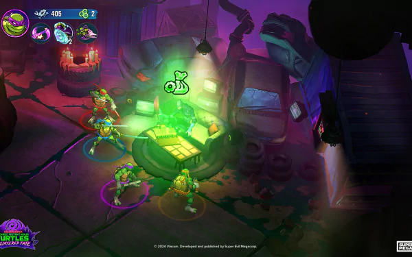 HD desktop wallpaper featuring characters from the video game Teenage Mutant Ninja Turtles: Splintered Fate. The scene depicts the turtles strategizing in a vibrant, colorful setting.