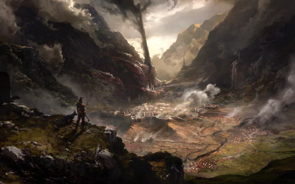 HD desktop wallpaper of Flintlock: The Siege of Dawn video game, featuring a dramatic mountainous landscape with a valley, swirling clouds, and a lone figure overlooking a battlefield.