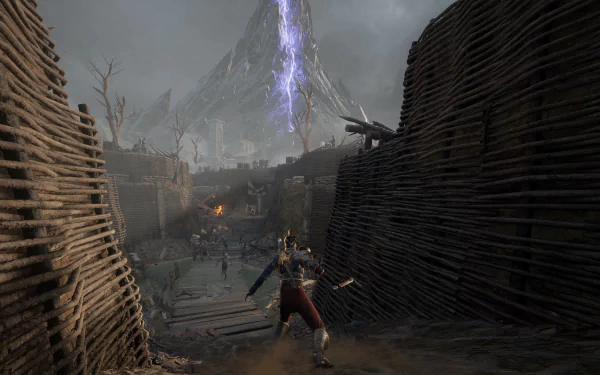 HD desktop wallpaper featuring a character from the video game Flintlock: The Siege of Dawn in a battle stance, set against a dramatic backdrop with a towering mountain and lightning strike.