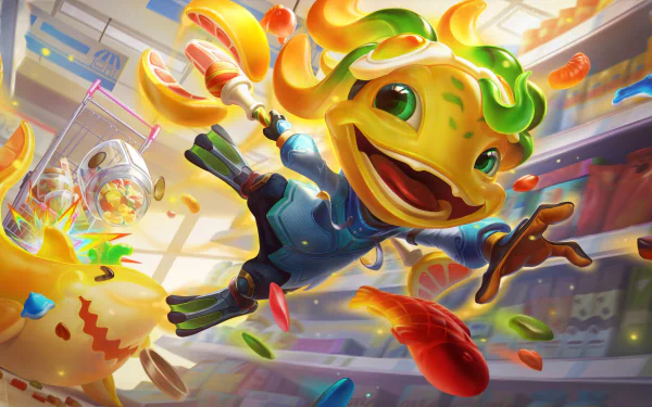 HD desktop wallpaper of Fizz from League of Legends: Wild Rift, depicted in a vibrant and energetic scene with colorful surroundings.