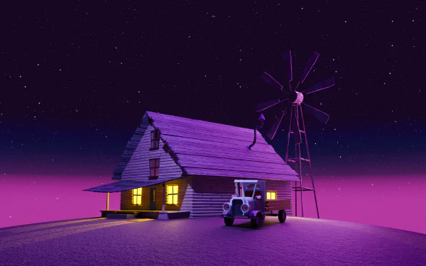 HD wallpaper of a purple night scene from the TV show Courage the Cowardly Dog featuring the show's iconic farmhouse and windmill under a starry sky with eerie lighting.