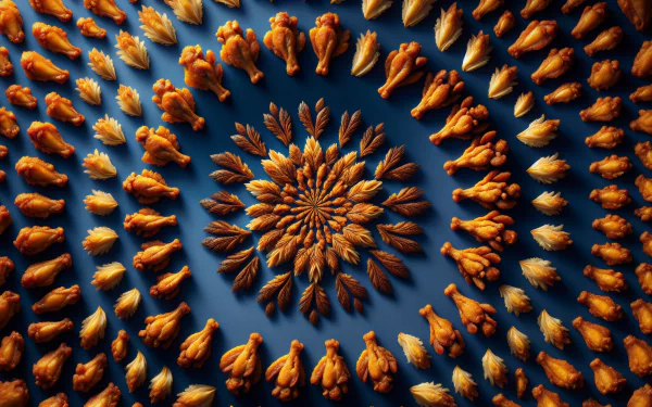 HD desktop wallpaper featuring a beautifully arranged spiral pattern of crispy golden chicken wings on a dark blue background.