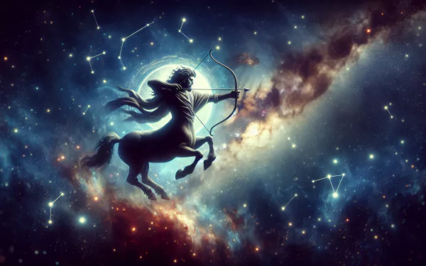 HD desktop wallpaper of Zodiac sign Sagittarius, depicting a centaur archer amidst a vivid cosmic backdrop with stars and constellations.