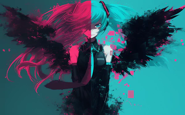 HD anime desktop wallpaper featuring Hatsune Miku with a striking half-pink, half-blue color theme, contrasting black wings, and a digital glitch effect.