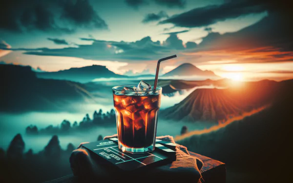 HD desktop wallpaper featuring a cold brew coffee with ice on a table, set against a scenic mountain landscape at sunrise.