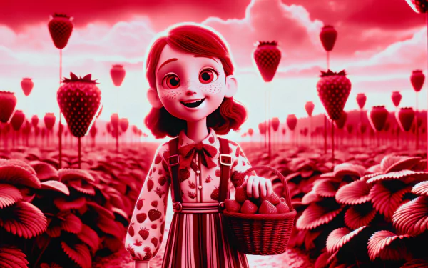 An animated girl with freckles, wearing a dress, smiles while holding a basket of strawberries in a vibrant strawberry field. HD desktop wallpaper and background.