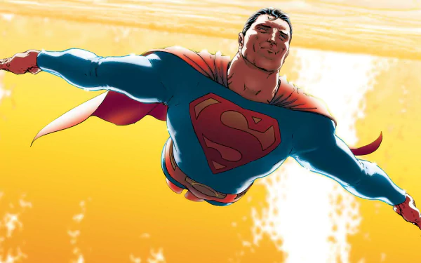 HD PC desktop wallpaper of Superman by Frank Quitely (DC Comics): the classic blue-and-red hero soars with arms outstretched against a bright golden sky.