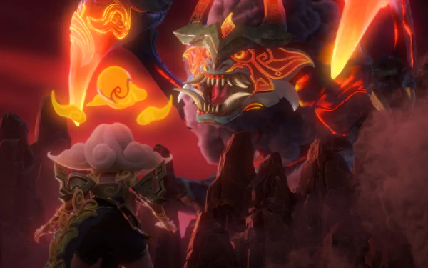 HD wallpaper featuring Cho'gath from League of Legends, depicted in an epic showdown against another character, amidst a fiery, otherworldly landscape.
