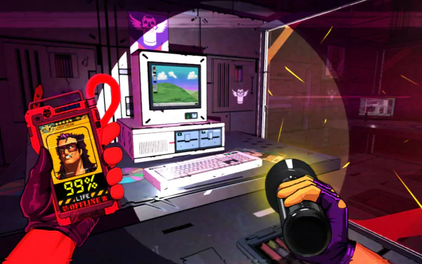 HD desktop wallpaper of Mullet MadJack video game, featuring a character holding a futuristic device with 99% charge, pointing a flashlight at a retro computer setup in a vibrant, neon-lit environment.