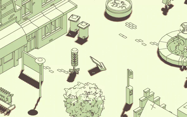 HD desktop wallpaper and background featuring a minimalist, isometric design inspired by the video game SCHiM, showcasing an urban scene with buildings, trees, and detailed street elements.