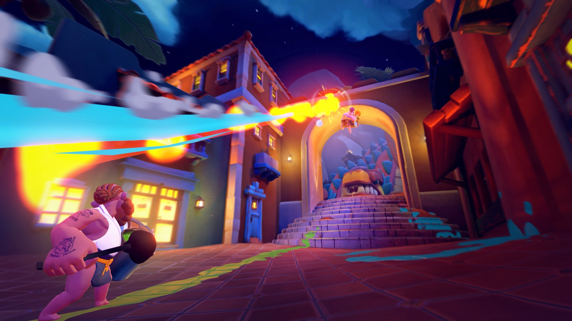 HD PC desktop wallpaper from the video game RAWMEN: Food Fighter Arena, showing colorful characters battling in a nighttime urban environment with dynamic fire effects.