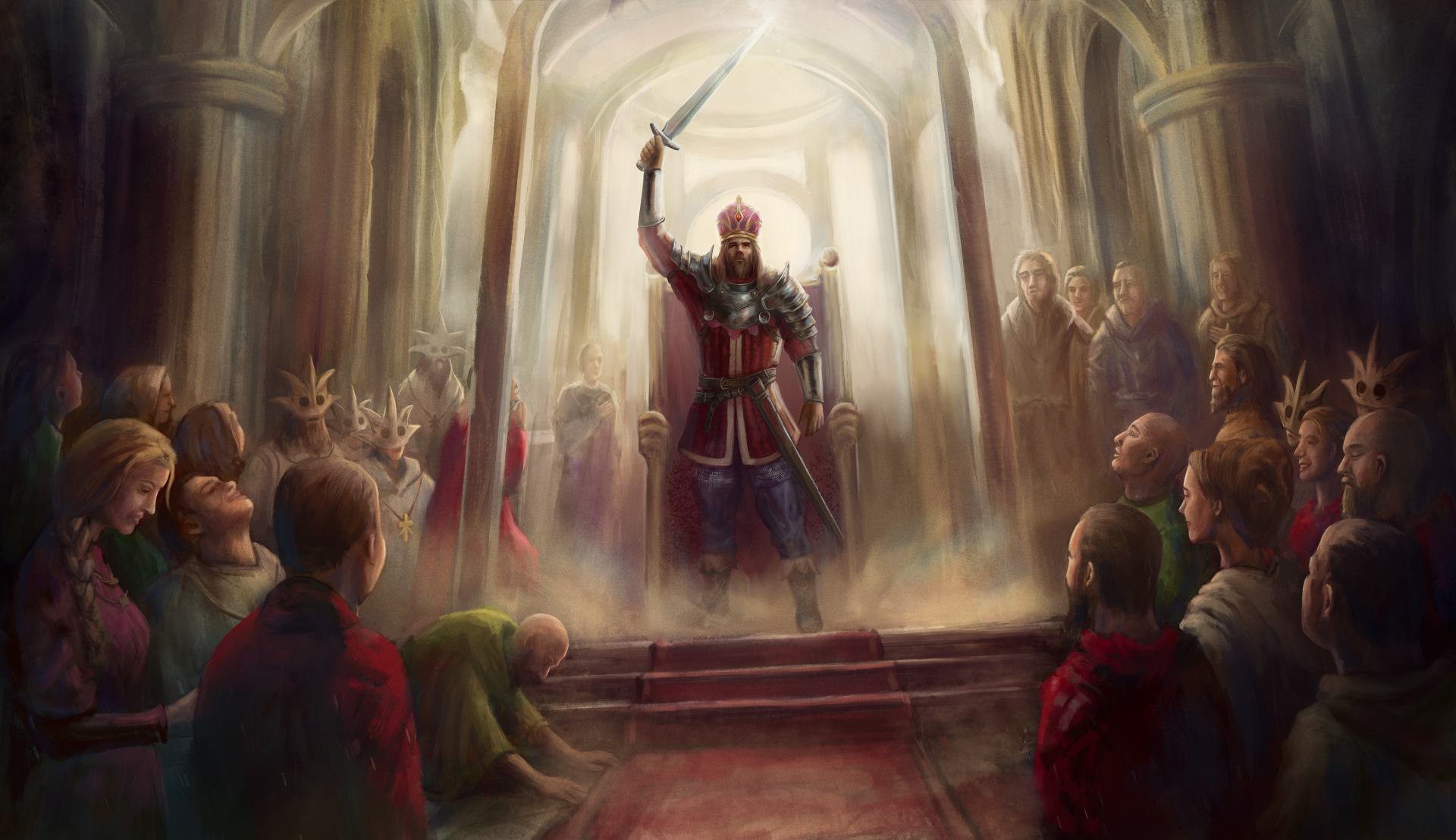 A powerful king stands on a throne, sword raised high, amidst a captivated crowd in a grand Norland hall. This HD desktop wallpaper captures the epic moment in a fantasy video game setting.