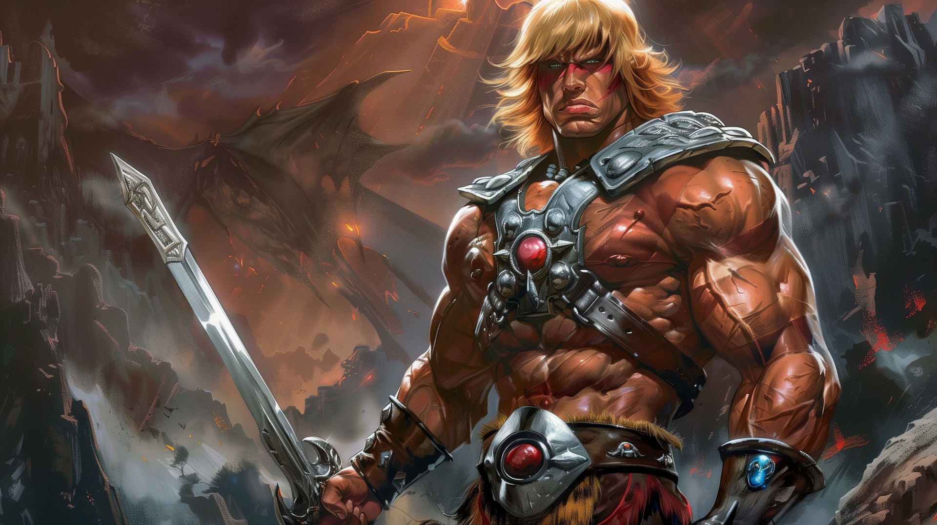HD desktop wallpaper featuring elements from the TV show He-Man, showcasing vibrant colors and iconic characters from the series. A striking backdrop for any fan.