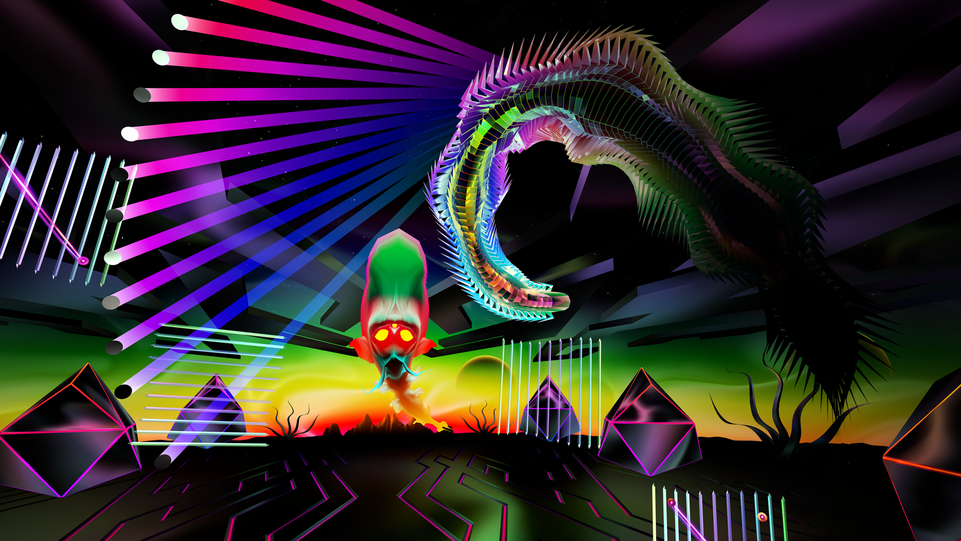 A vibrant HD desktop wallpaper from the video game Thrasher (2024), featuring abstract shapes, neon colors, and a captivating futuristic scene.