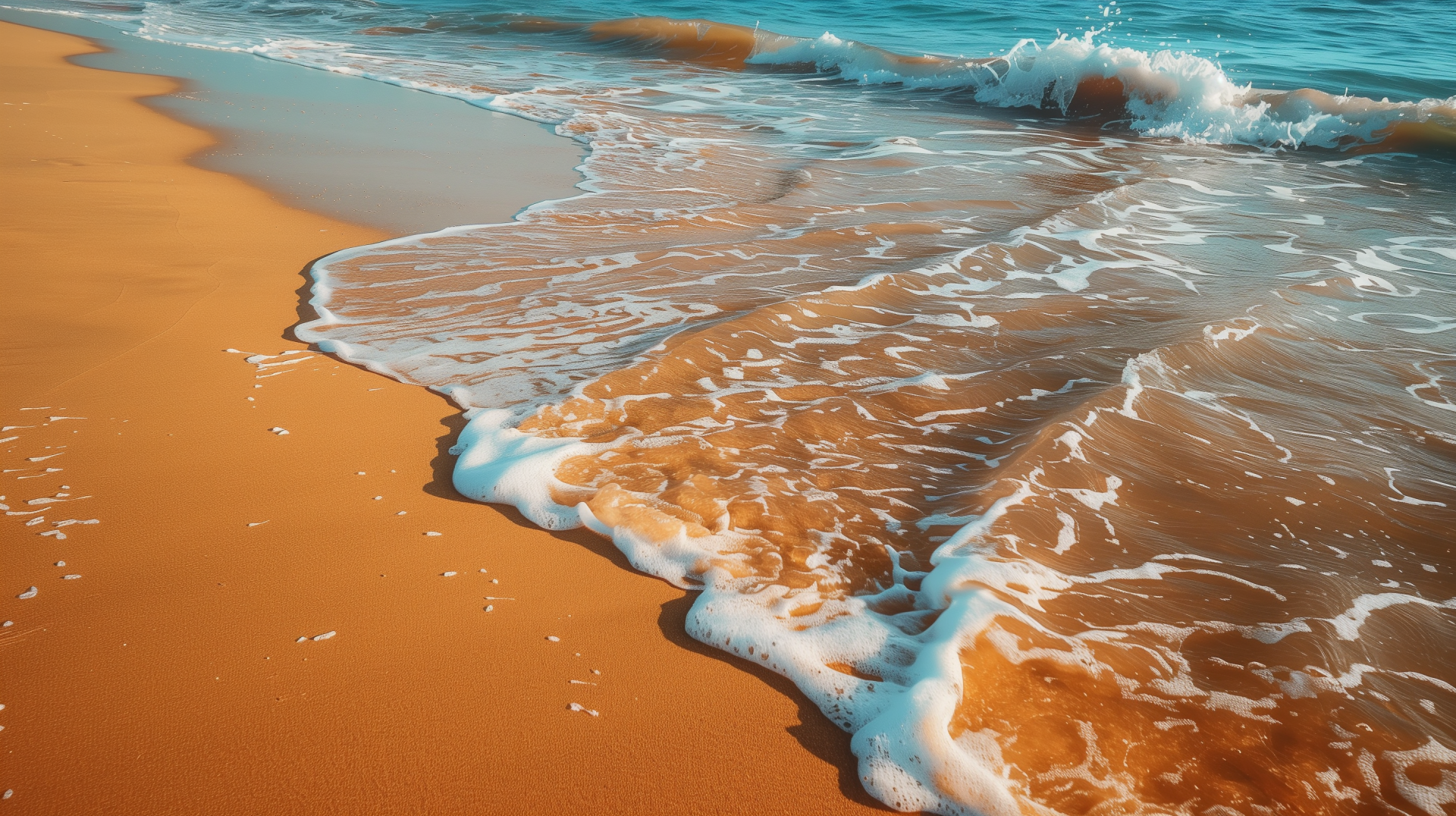 A serene sandy beach with gentle ocean waves lapping at the shore, creating a calming atmosphere. This HD desktop wallpaper captures the beauty of nature.