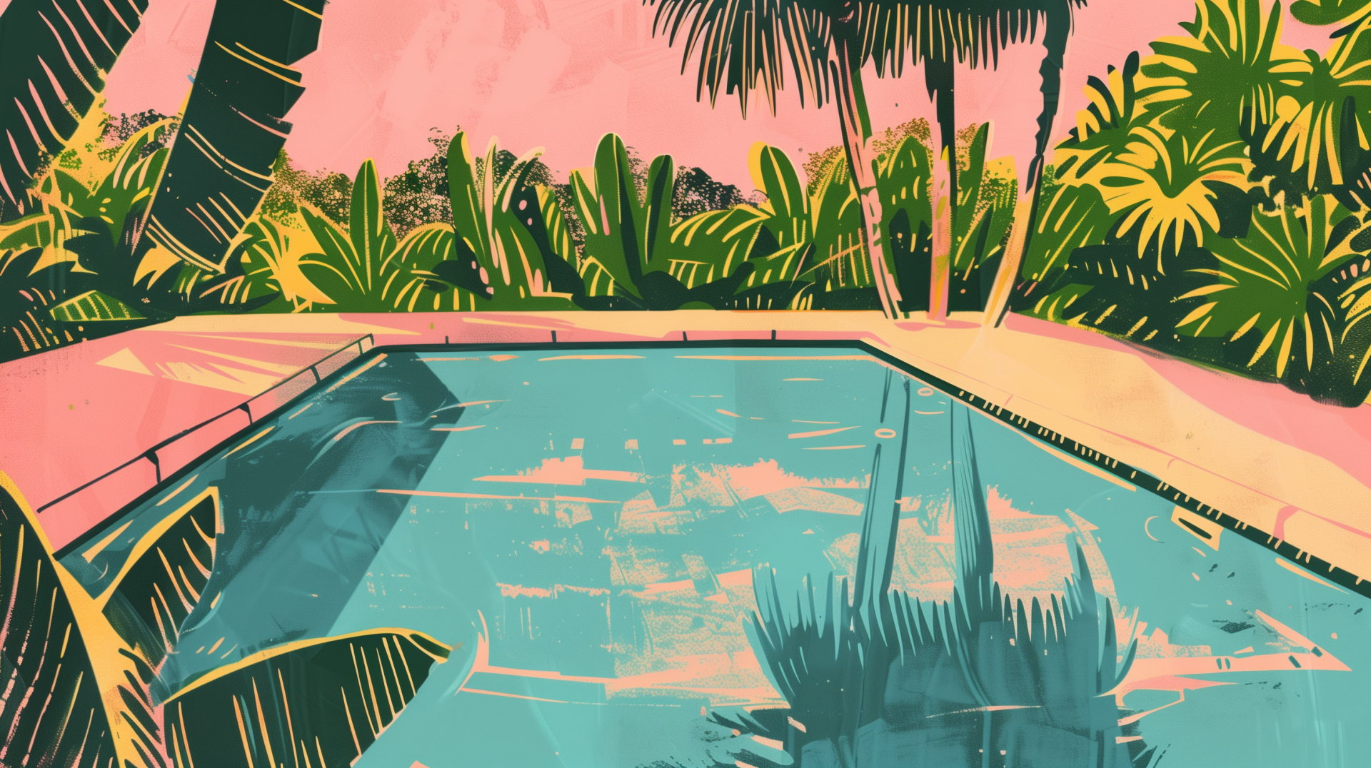 A vibrant poolside scene featuring a tranquil pool surrounded by lush greenery and lively palm trees, set against a warm, colorful background. Perfect HD desktop wallpaper.