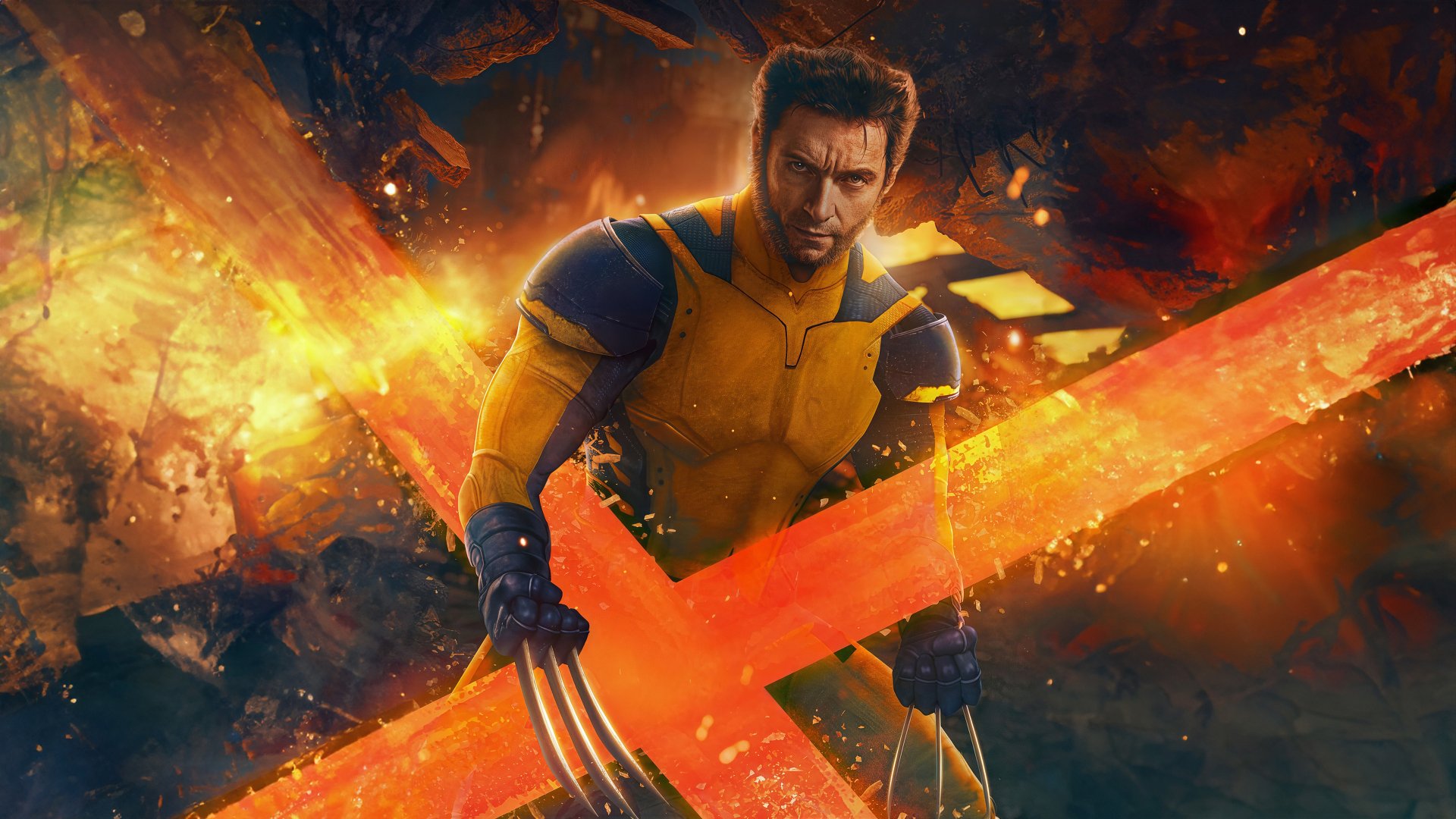 HD wallpaper featuring Deadpool and Wolverine, showcasing Hugh Jackman's iconic portrayal of Wolverine in a striking background from the movie.