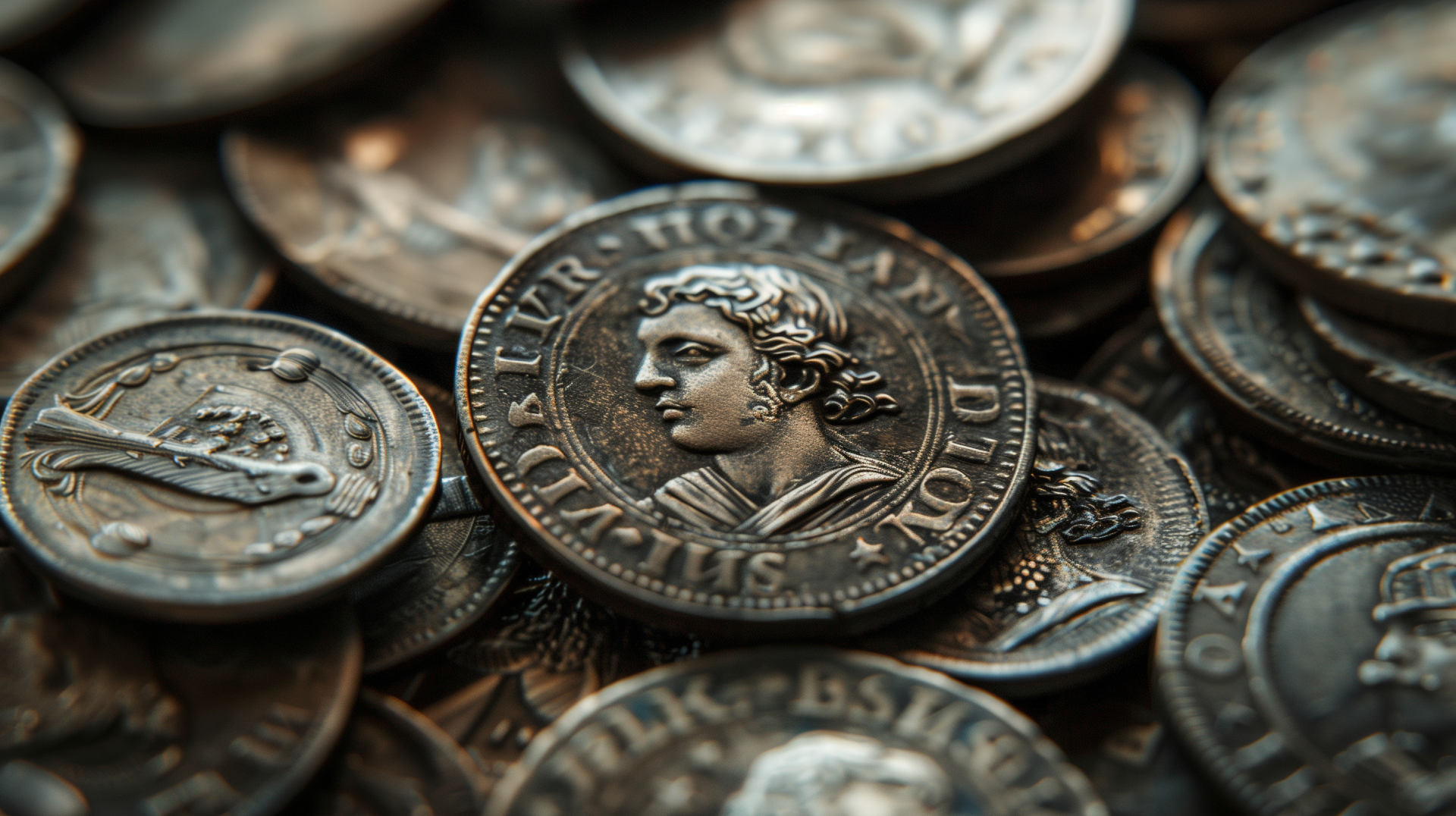 A close-up of antique coins, showcasing intricate details and historical significance, serves as an engaging high-definition desktop wallpaper or background.