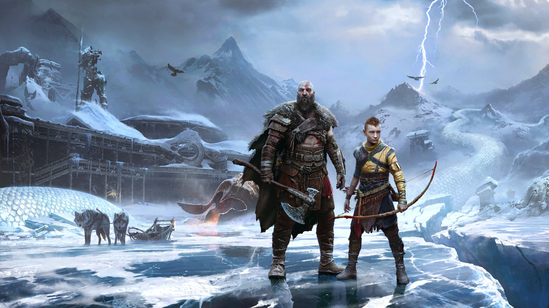 4K Ultra HD PC desktop wallpaper featuring Kratos and Atreus in a snowy, stormy landscape from God of War: Ragnarök.