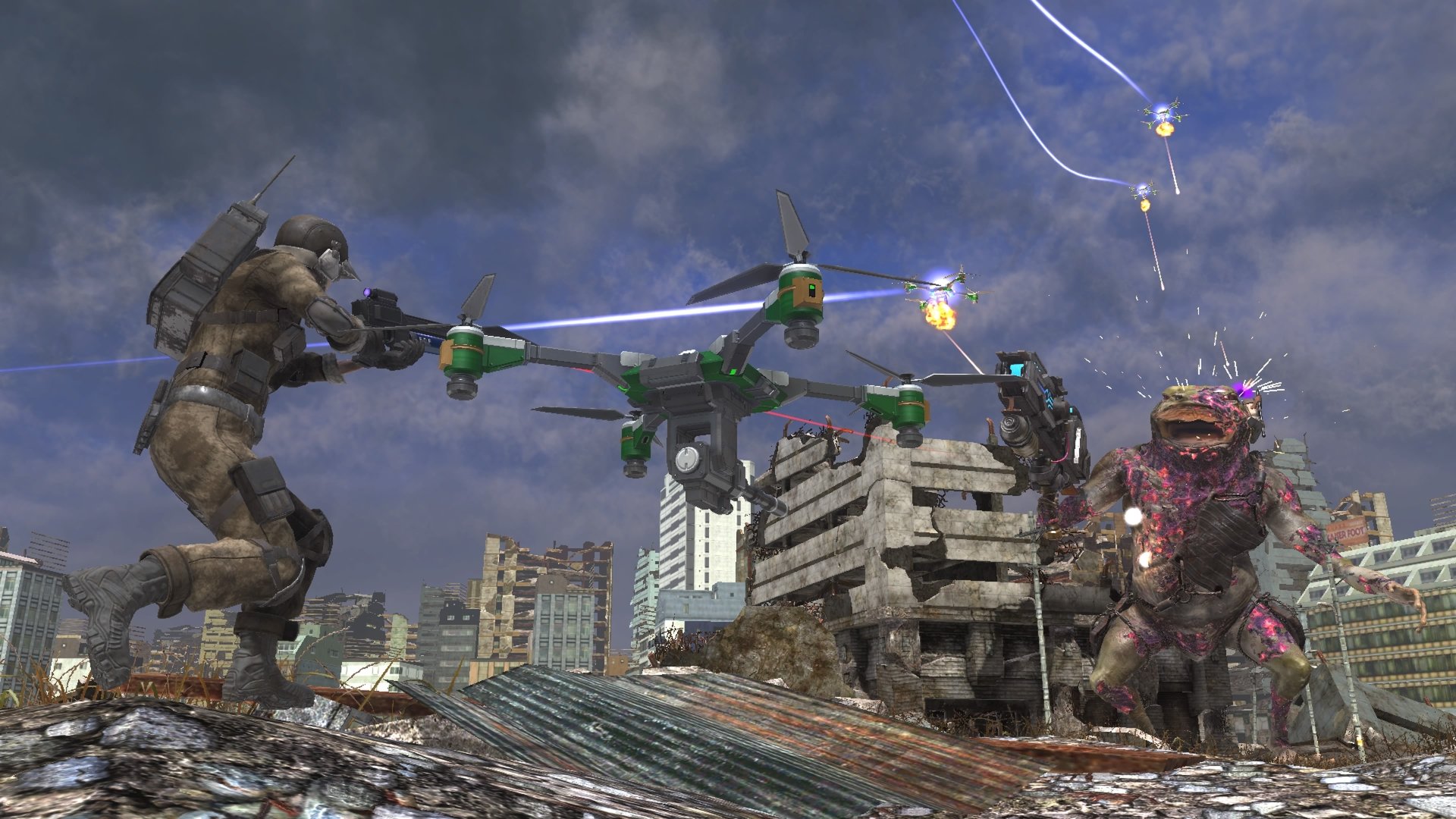 HD desktop wallpaper from Earth Defense Force 6 featuring a soldier battling a giant creature, while drones and debris fill the chaotic urban environment.