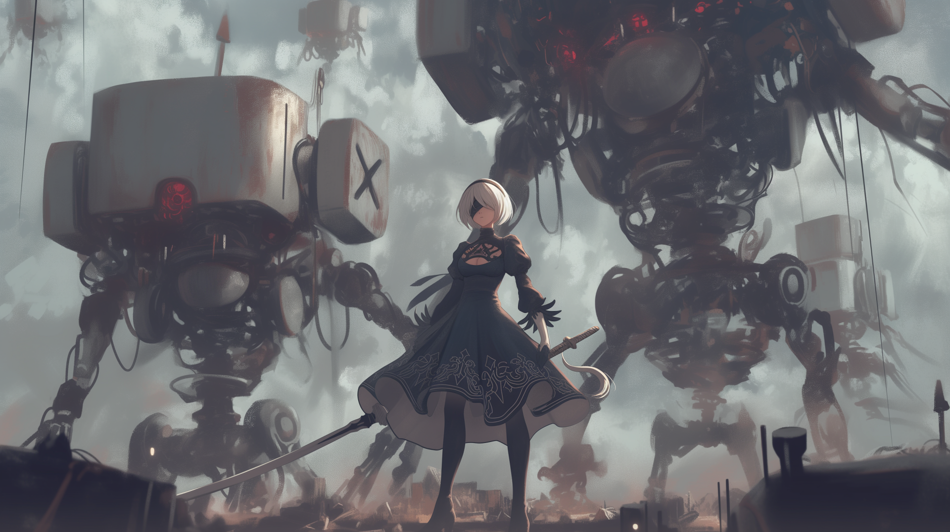 HD desktop wallpaper featuring YoRHa No.2 Type B from the video game NieR: Automata, showcasing a dynamic and captivating design for fans of the franchise.