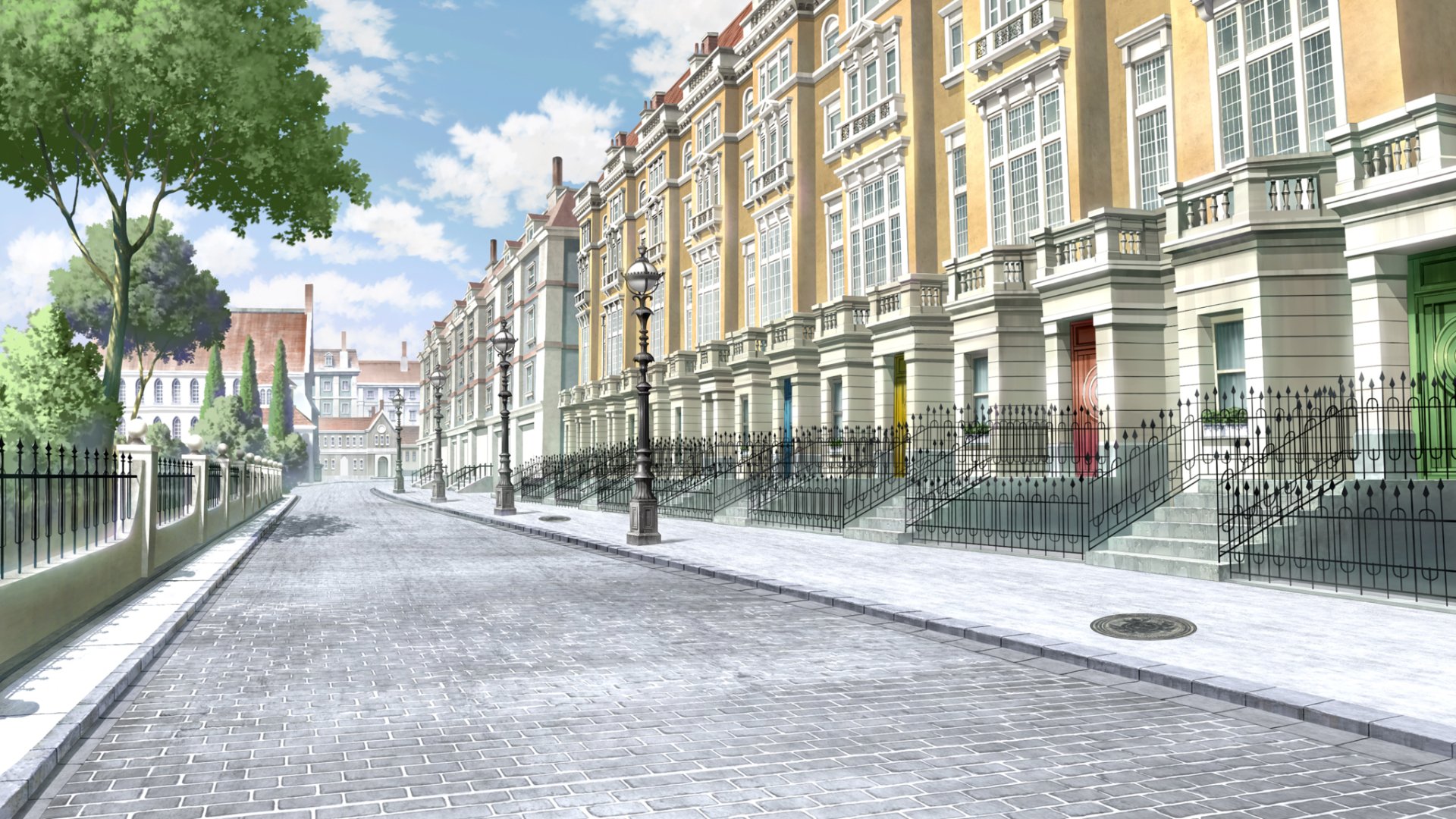 HD PC desktop wallpaper featuring a detailed, sunlit street scene from Spy x Family with classic European-style buildings and clear blue skies.