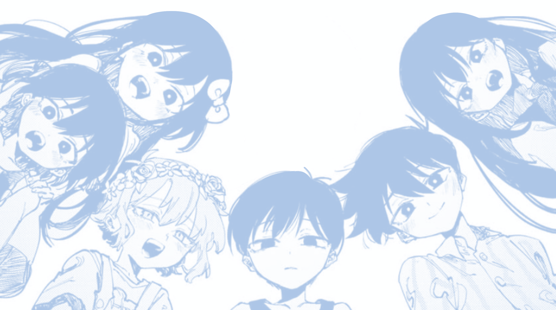 4K Ultra HD OMORI wallpaper featuring stylized, soft blue-toned characters in a circular arrangement, created by omocat for PC desktop backgrounds.