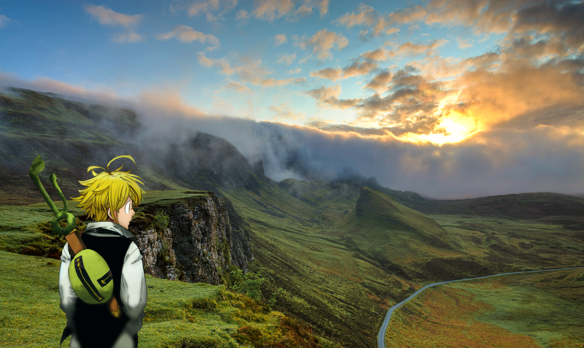 Meliodas from The Seven Deadly Sins stands overlooking a vast, misty mountain valley at sunset in this 4K Ultra HD anime desktop wallpaper.