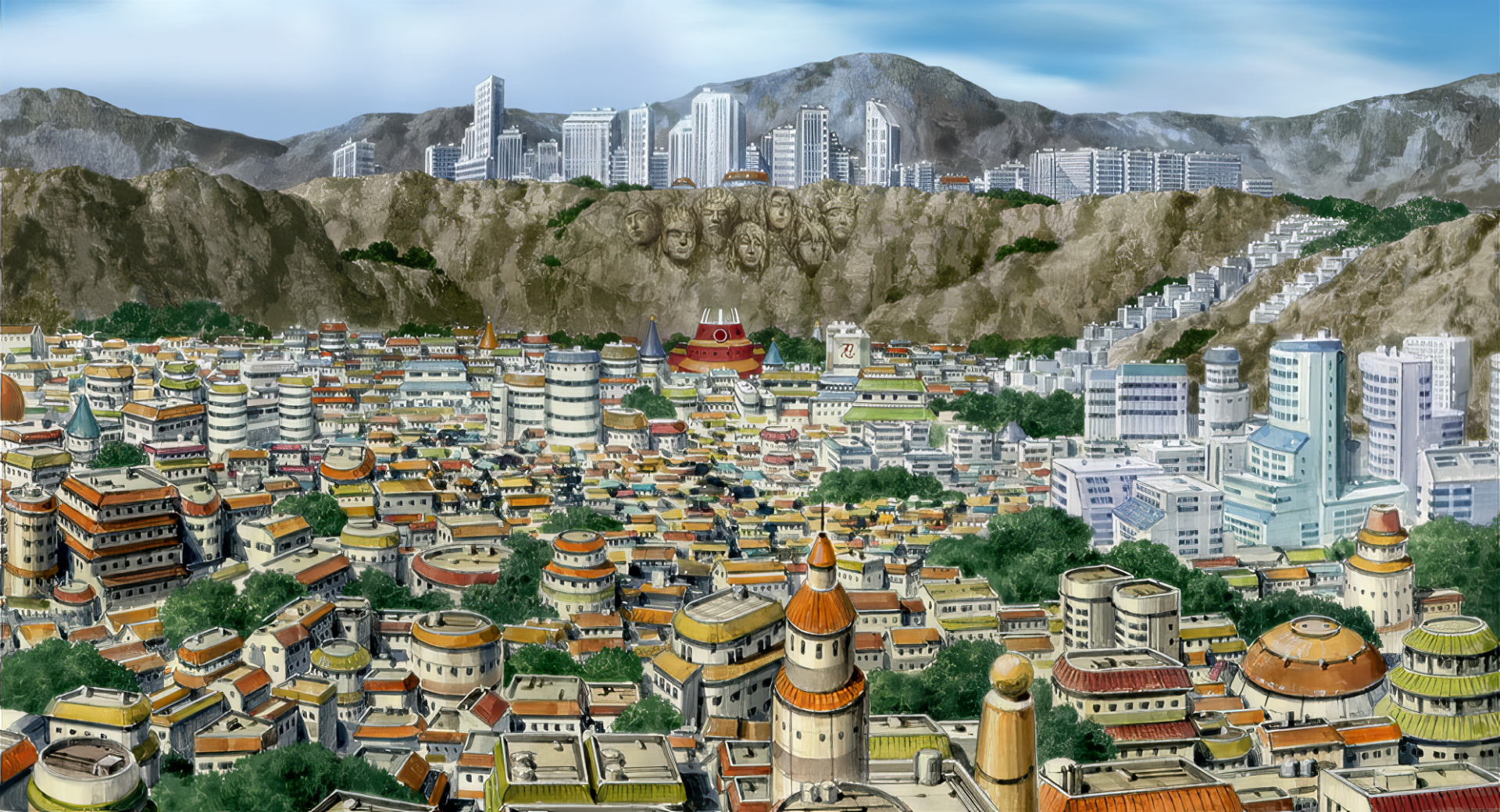A vibrant HD desktop wallpaper featuring the village of Konohagakure from the anime Naruto, showcasing a bustling cityscape with mountains and distinctive architecture.