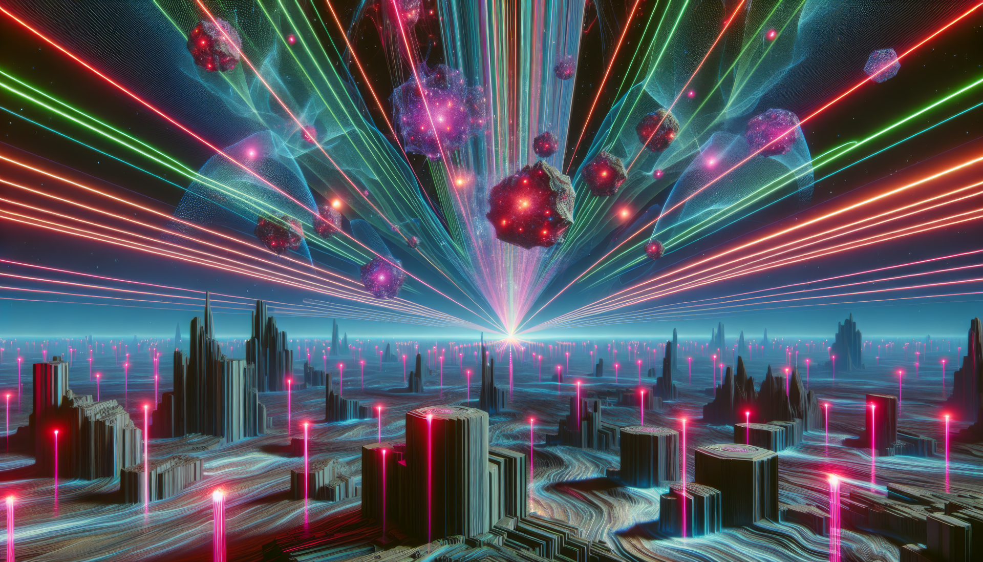A vibrant HD desktop wallpaper featuring a futuristic landscape illuminated by colorful laser beams, creating a dynamic and mesmerizing visual experience.