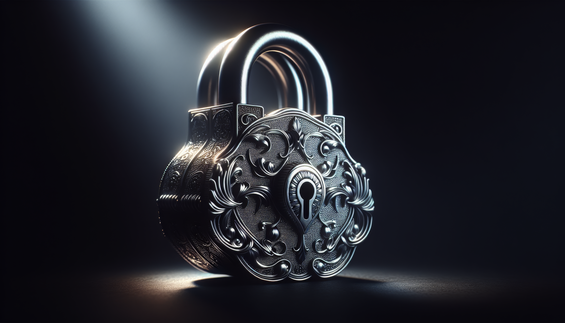 A beautifully detailed, ornate lock stands illuminated against a dark background, showcasing its intricate design in this HD desktop wallpaper and background.