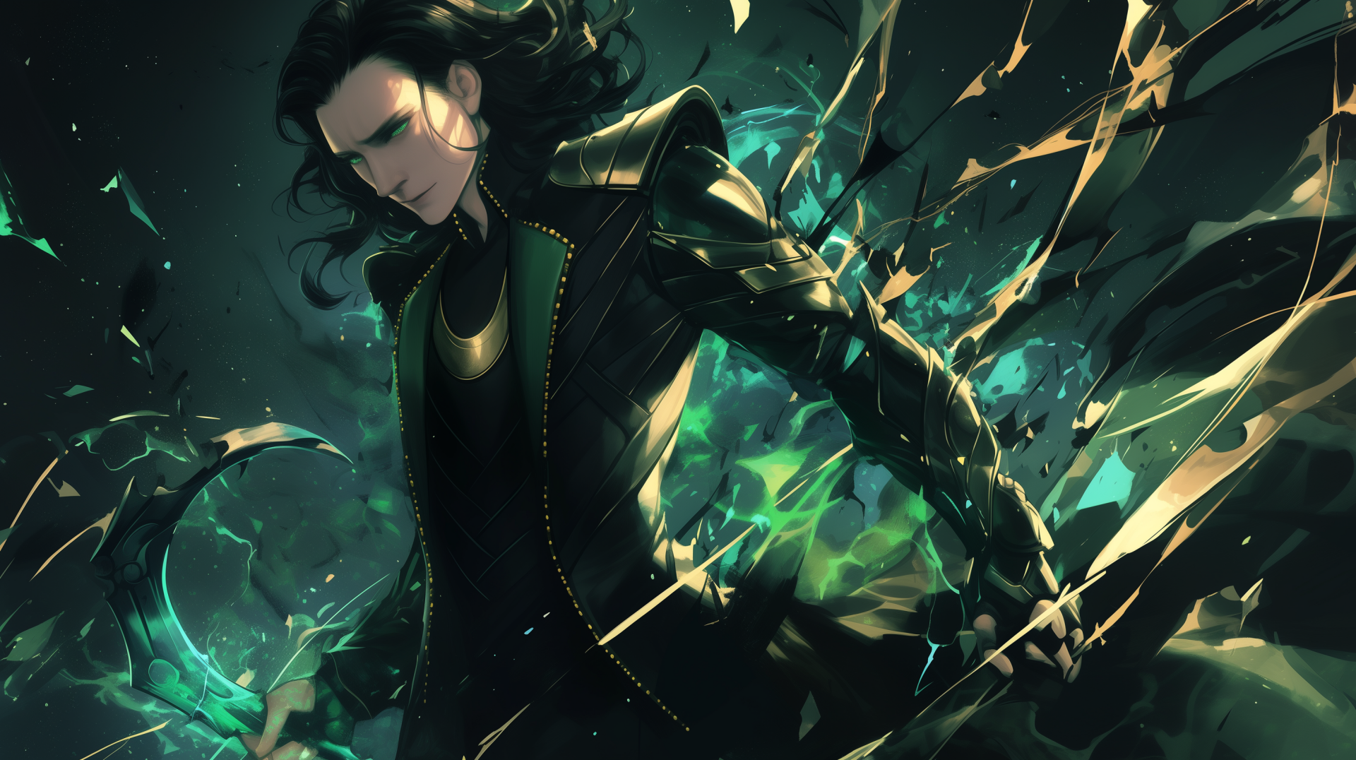 HD wallpaper featuring Loki from Marvel Comics, depicted with dark, flowing hair and a striking black and green costume amid a backdrop of dynamic shards and energy.